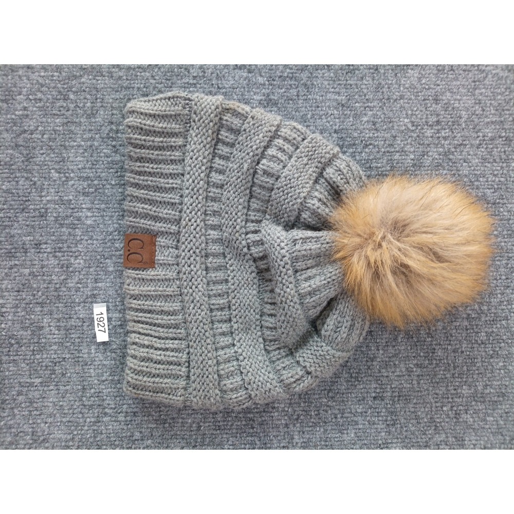 C.C Stretch Cable Knit Ribbed Super Soft Faux Fur Pom Pom Beanie Hat cc